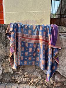 Vintage Floral Block Printed Cotton Kantha Reversible Quilt Handmade Soft Cotton <b>Bed</b> <b>Cover</b> Blanket - Product Image 1
