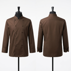 เสื้อเชฟผ้าทวิลโพลีคอตตอน 240 GSM แบบยูนิเซ็กซ์ พิมพ์ลายสกรีน แขนสั้น กระดุมสองแถว สีน้ำตาล สกรีนโลโก้ตามสั่ง สำหรับชุดยูนิฟอร์ม - Product Image 1
