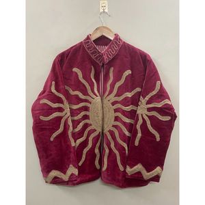 Hand Embroidered Velvet Cotton Jacket <b>Women</b> Mandarin Collar Full Sleeve Autumn Winter Bohemian Eye Pattern Open Front <b>Coat</b> - Product Image 6