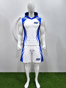 Ensemble d'uniformes de football 7v7 personnalisés blanc et bleu roi, comprenant un maillot sans manches, un short de compression, des manchons de bras et des gants de receveur pour équipes - Product Image 2