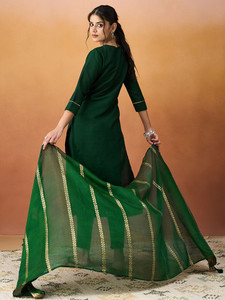 Green Embroidered Silk <b>Kurta</b> Set With Pants & Dupatta Women Casual Wear Traditional <b>Indian</b> Pakistani Style Knee Length Regular - Product Image 5