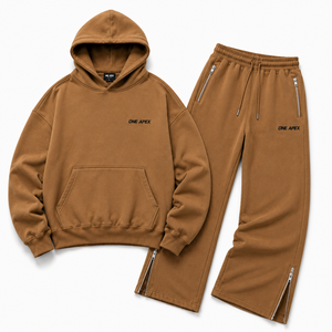 Ensemble de survêtement Premium ONEAPEX SPORTS WEAR pour homme, sweat-shirt oversize camel marron et pantalon de survêtement à bas ouvert, coton lourd, été - Product Image 6