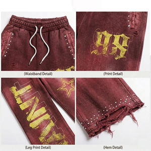 ชุดวอร์มสตรีทแวร์ประดับคริสตัลแบบ Acid Wash พร้อมโลโก้พิมพ์ลายตามสั่ง ขอบเสื้อและปลายแขนเสื้อแบบ Distressed ฮู้ดดี้ซิปและกางเกงขายาวสำหรับผู้ชาย - Product Image 2