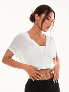 <b>Women's</b> <b>White</b> Chiffon Hooded <b>Crop</b> <b>Top</b> With Zipper Short Sleeve Summer Breathable Unlined Solid Color Casual Style - Product Image 6