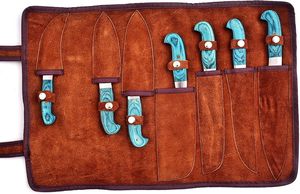 Ensemble de couteaux de cuisine en acier Damas, 7 pièces, couteaux de chef, manche en bois turquoise, avec sac en cuir, vente en gros, fabricant OEM B2B - Product Image 5