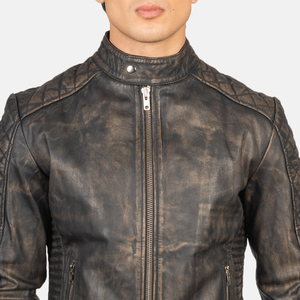 Mans Fernando Quilted Distressed Brown <b>Leather</b> Breathable Vintage Style Biker <b>Jacket</b> Accordion Side Pockets Band Collar for - Product Image 6