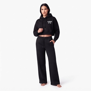 Women's Black Cropped Hoodie And Wide Leg <b>Jogger</b> Set Full Sleeve Cotton Fleece Casual Wear Tracksuit - Product Image 2