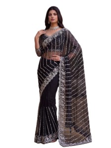 Sari élégant noir en résille avec broderie argentée, pour mariage et soirée, style Bollywood, longueur ras du sol, coupe classique pour femme - Product Image 2