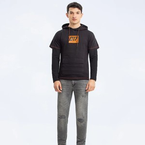 Sudadera con Capucha Negra para Hombre con Estampado Naranja 017, Corte Ajustado, Informal, de Algodón Tejido, Manga Larga, con Bolsillos, para Otoño - Product Image 3