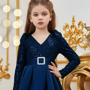 Robe longue bleue à sequins et fleurs pour fille, col en V, broderie en velours, robes de cérémonie pour enfants pour mariages et anniversaires de luxe - Product Image 5
