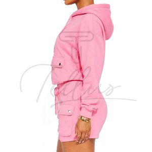 Custom Logo for Two Piece Hoodie <b>Set</b> Cut <b>Sew</b> Cotton Sun Faded Sweatsuit Cropped Short Summer Lightweight Breathable Women - Product Image 2