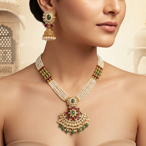 Traditional Brass Gold Plated Kundan Pearl Emerald Cut Ruby Green Stone <b>Locket</b> Pendant Charm Ethnic Floral Matching Jhumka - Product Image 4
