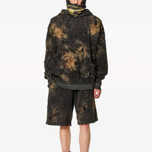 Sudadera con capucha unisex de invierno al por mayor, con estampado a cuadros, bordado desgastado y lavado ácido, 100% algodón tejido, corte regular, peso pesado, estilo casual - Product Image 2