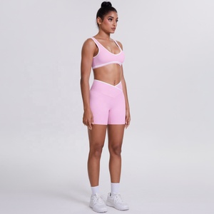 Pink Two Piece Yoga Set Racerback <b>Crop</b> <b>Top</b> High Waist Shorts Seamless Cut-Out Design Contrast Binding - Product Image 4