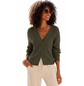 2026 Women's Olive Green V-Neck Cardigan Full Sleeve Button Front Casual Sweater Solid Color Autumn Wear 100% Acrylic Knitted - Product Image 2