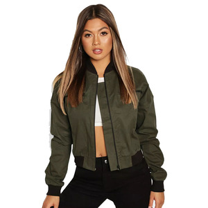 Chaqueta Bomber Verde Oliva de Alta Calidad para Mujer, Manga Larga, Cierre de Cremallera, Cuello Camisero, Color Sólido, Corte Corto, para Otoño - Product Image 1