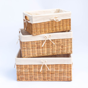 Set of 3 Rectangular Rustic Woven Wicker <b>Baskets</b> with Canvas Lining Eco-Friendly Versatile Minimalist Style Storage Trays - Product Image 1