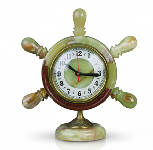 Handcrafted Green Onyx Ship's Wheel Clock - Nautical Natural Stone <b>Desk</b> <b>Ornament</b> with Brass Accents for Luxury Office Decor - Product Image 1