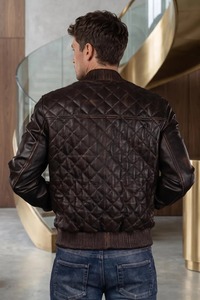 Blouson aviateur en cuir d'agneau véritable marron pour homme, design matelassé, poignets côtelés, vêtement d'extérieur décontracté fait main - Product Image 3