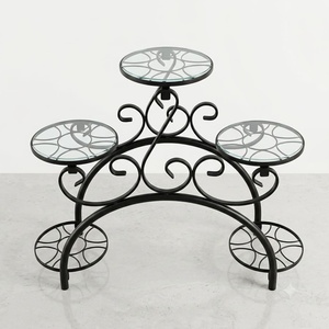 Support de plantes vintage en fer forgé pour vélo, avec 5 pots, support de pot de fleurs circulaire à 3 niveaux pour intérieur/extérieur, décoration artisanale de jardin - Product Image 1