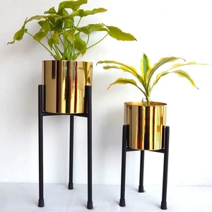 Gold-Plated Metal Planter with Modern Stand for Premium Home Styling Industrial Style Metal Plant <b>Pot</b> with Matte Black Stand - Product Image 1