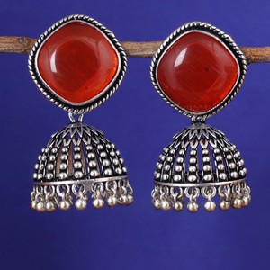 Wholesale Oxidized Silver <b>Red</b> Cat Eye Stone Jhumka <b>Earrings</b> Handmade Tribal Dome <b>Earrings</b> Ethnic Boho Jewelry Supplier - Product Image 3