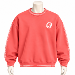 Mens <b>Coral</b> Stitched Border Distressed Crewneck Sweatshirt Oversized Pullover Long Sleeve Casual Streetwear Everyday Fashion <b>Top</b> - Product Image 1
