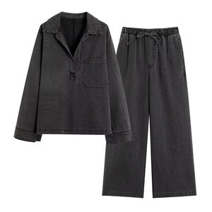 Ensemble 2 pièces en jean décontracté pour femme avec logo personnalisé, respirant, séchage rapide, haute qualité, 100 % coton, printemps-été - Product Image 2