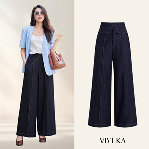 Pantalon de bureau décontracté pour femme en denim, taille haute, coupe droite, avec poches à rabat, design personnalisé OWEN - Product Image 1