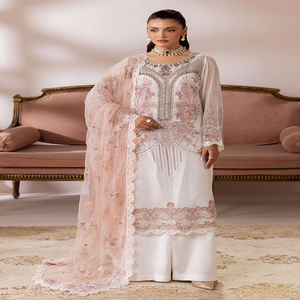 <b>White</b> Embroidered Ramsha Satrangi Quick Dry Salwar Kameez Pink Dupatta Wedding Dress Women Elegant FloorLength Indian Pakistani - Product Image 1