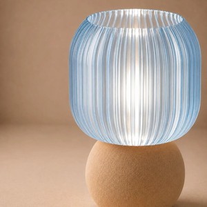 Minimalist Round <b>Glass</b> <b>Table</b> <b>Lamp</b> With Vertical Striped Blue Shade And Beige Base For Indoor Lighting - Product Image 5
