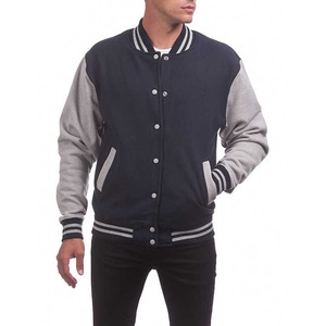 Custom Unisex Varsity <b>Jacket</b> Canvas Wool with <b>Leather</b> Sleeves Geometric Pattern Stand Collar Wholesale - Product Image 3