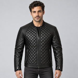 Mens Black Genuine Leather Canvas Winter Bomber Jacket V-neck Collar Full <b>Zip</b> Motorcycle Biker Fashion Custom - Product Image 1