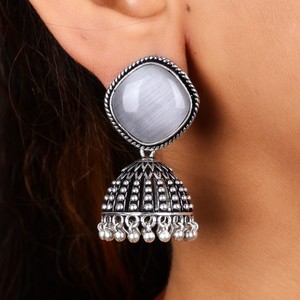 Latest Design White Stone <b>Oxidized</b> Silver Jhumka Earrings for Women Wholesale Supplier - Product Image 2