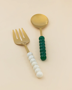Ensemble de service à salade en métal plaqué or avec poignée en perles de résine verte, finition brillante, vaisselle de table, service alimentaire, serveur à salade - Product Image 3