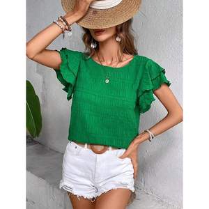 Blouses d'affaires élégantes pour femmes été hauts décontractés habillés avec volants manches courtes col rond tailles XS à XL motif brodé - Product Image 2