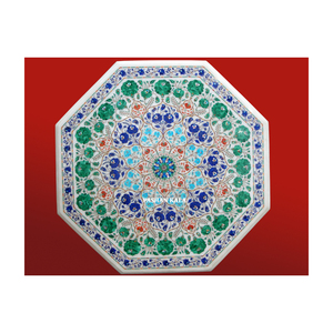 Table de salon en marbre blanc pur, forme octogonale, incrustée de motifs floraux, d'un aspect magnifique, idéale pour la décoration de la maison et des hôtels. - Product Image 2