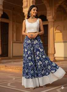 Pantalones Palazzo Azules con Estampado Floral, Pantalones Anchos de Algodón con Volantes, Estilo Bohemio Indio Étnico Festivo Natural para Mujer - Product Image 2