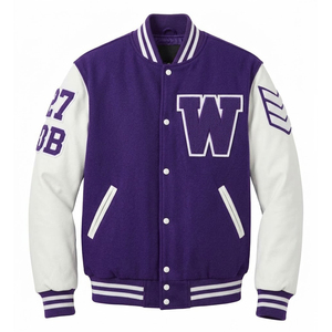 Blouson universitaire pour homme en laine violette et blanche de haute qualité, avec logo personnalisé très demandé, manches en cuir et lettre W appliquée. - Product Image 5