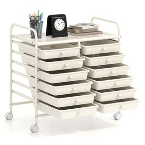 Carrello Portaoggetti a 12 Cassetti Rimovibili, 2 File, 10 Livelli, Cassetti Multicolore, 4 Ruote (2 con Freno), Telaio Bianco con Contorno Bianco - Product Image 1