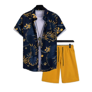 ชุดเสื้อฮาวายและกางเกงขาสั้นลายดอกไม้เขตร้อนสำหรับผู้ชาย ชุดลำลอง 2 ชิ้นสำหรับฤดูร้อน เหมาะสำหรับวันหยุดพักผ่อนที่ชายหาด - Product Image 3