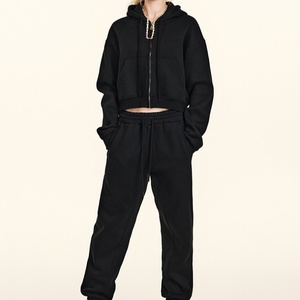 Women's Custom <b>Cropped</b> <b>Zip</b> <b>up</b> Tracksuit Set 100% Cotton French Terry Casual Sports Hoodie and Sweatpants Set - Product Image 4