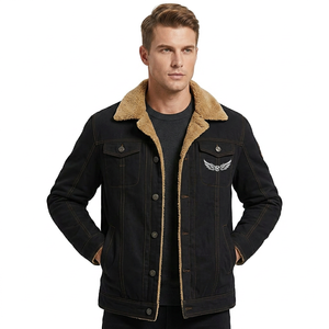 Men's Winter Denim <b>Jacket</b> <b>With</b> <b>Lining</b> Embroidered Wings Logo Turn-down Collar Casual Thick Warm Coat - Product Image 5