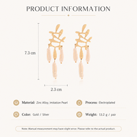 Boucles d'oreilles pendantes en alliage de zinc plaqué or, motif feuille creuse, fausses perles baroques, style vintage pour femme, vente en gros