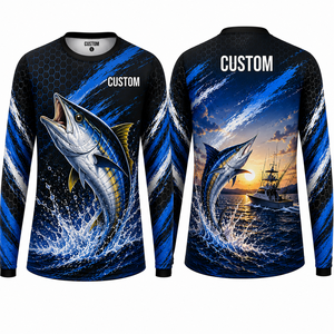Camiseta de Pesca Personalizada de Manga Larga para Hombre, Protección UPF 50 Anti-UV, Estampado por Sublimación, Patrón Azul y Negro, Ropa para Exteriores - Product Image 1