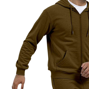 Conjunto Deportivo de Dos Piezas para Hombre, Color Marrón Sólido, 100% Algodón, Sudadera con Capucha y Cremallera con Logotipo Personalizado, Pantalones Deportivos Tipo Cargo, Cálido para Invierno, Ropa Deportiva OEM - Product Image 3