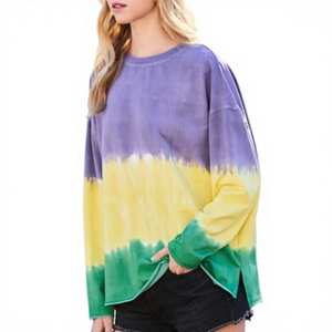 T-shirt graphique tie-dye personnalisé en gros, col rond, manches longues, coupe oversize pour femme - Product Image 1