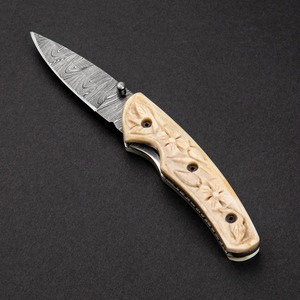 Handmade Multi-Functional Damascus Steel Drop Point Folding <b>Knife</b> 7.5 <b>Bone</b> <b>Handle</b> Leather Sheath 0.45mm Thick - Product Image 5