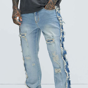 Custom Men's Denim <b>Trousers</b> Hip Hop Cotton Regular Fit Straight Leg Screen Printed <b>Light</b> Wash Knitted Vintage Pants - Product Image 2