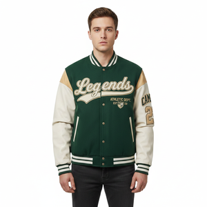 Veste universitaire verte crème pour homme, manches en cuir PU, veste de style campus brodée, streetwear preppy, veste décontractée d'automne - Product Image 2